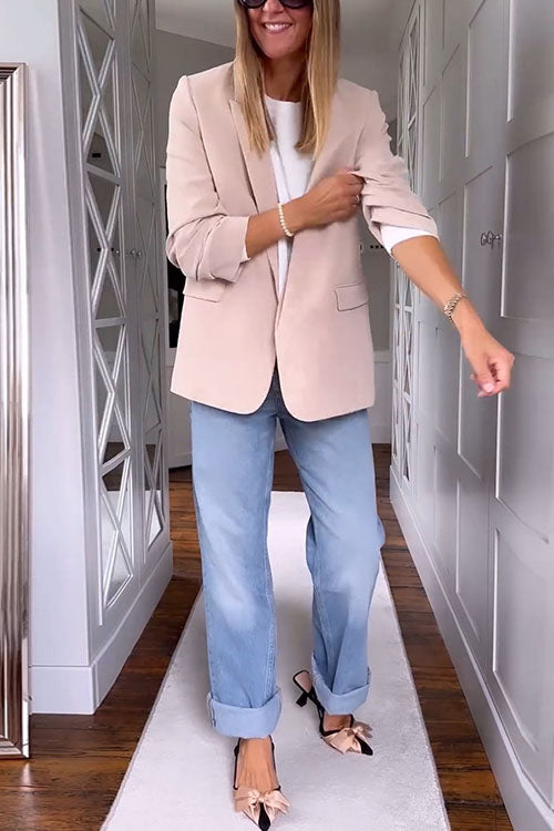 Valenzora | Blazer mit offener Vorderseite, Rüschen und langen Ärmeln in Apricot