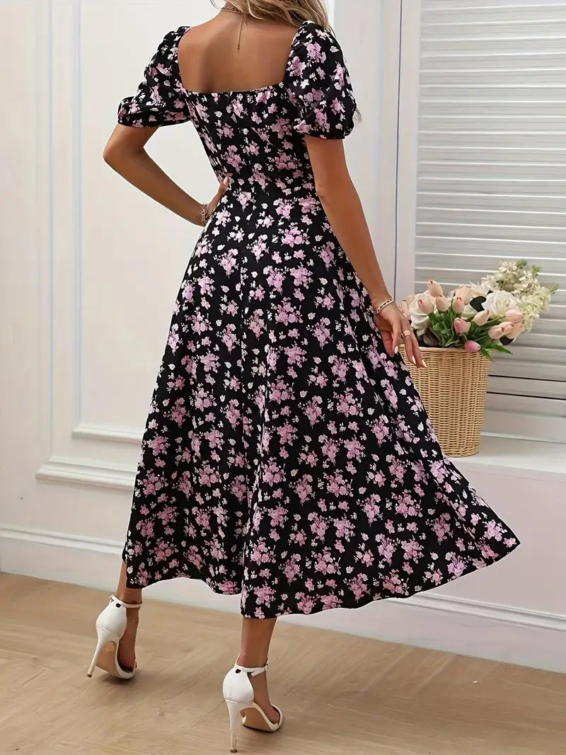 Valenzora | Chic dress with puff sleeves in an A-line style with floral print