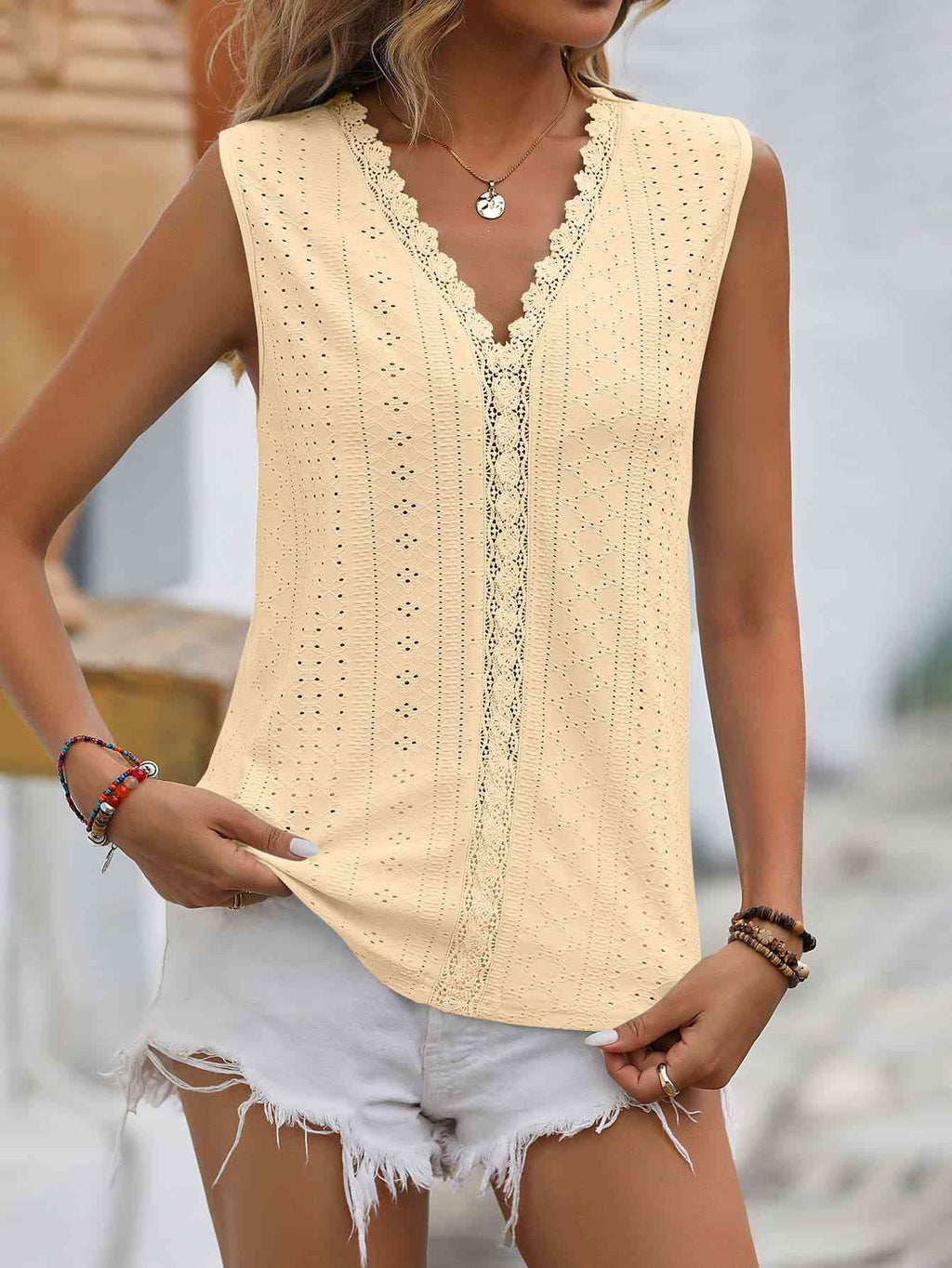 Valenzora | Split Lace V-Neck Sleeveless Shirt