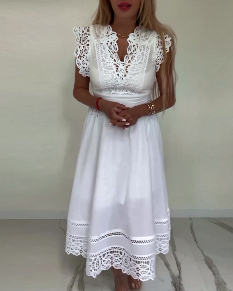 Valenzora | Elegantes ärmelloses Kleid aus unifarbener Spitze mit V-Ausschnitt