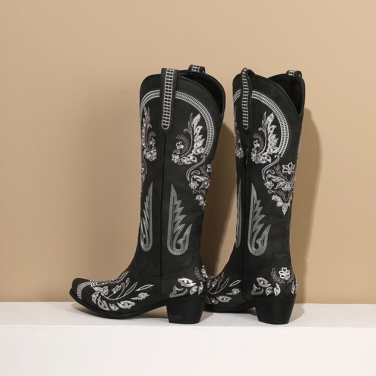 Valenzora | Bestickte Western-Denim-Retro-Kniehohe Stiefel für Damen
