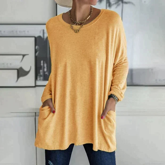 Valenzora | Fashionable tunic top with pockets - Relaxed fit, round neck, long sleeves