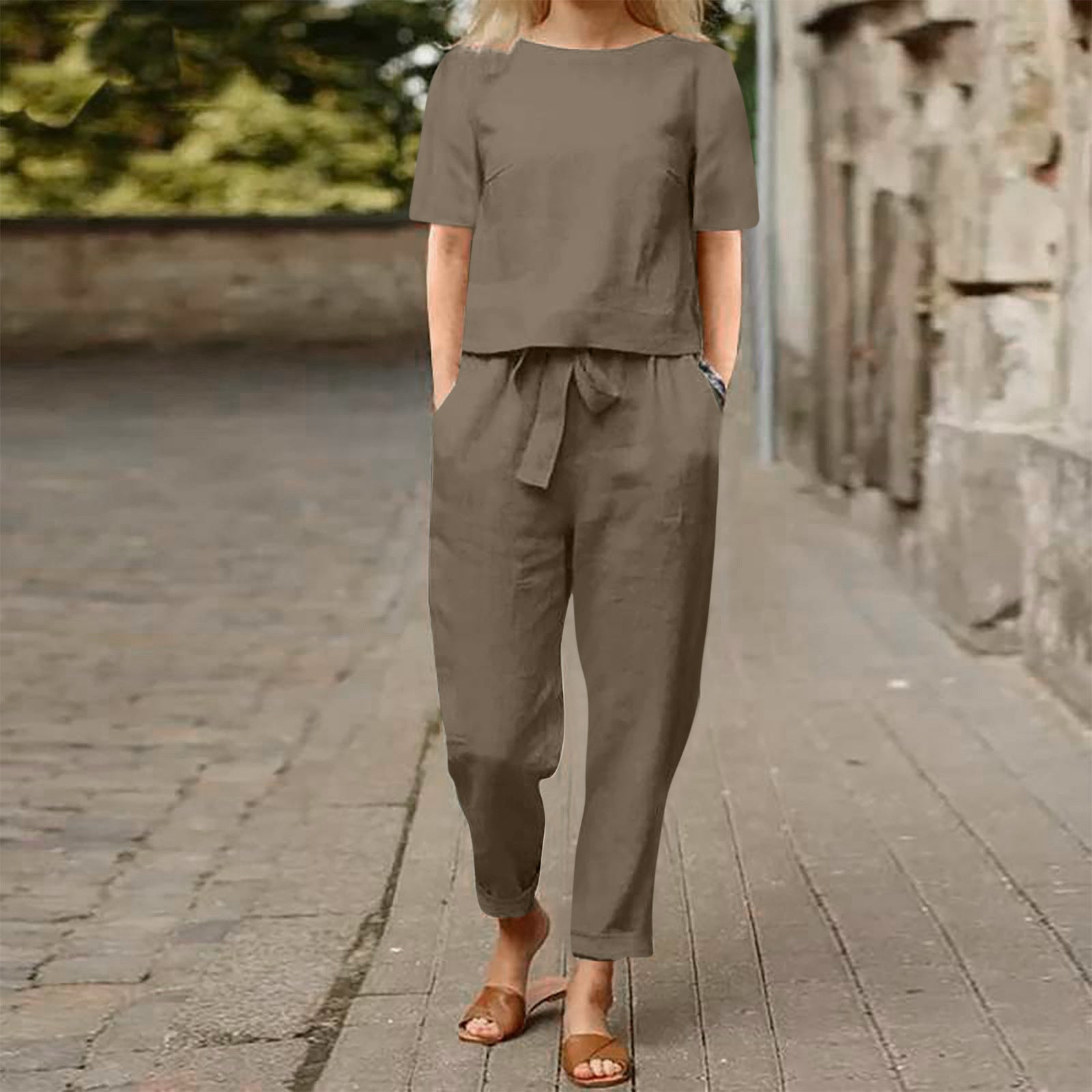 Valenzora | Damen-Hosenanzug-Set mit weitem Bein aus Baumwolle und Leinen