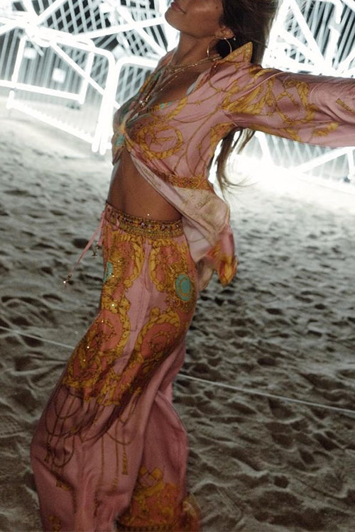 Valenzora | Rosiedress Unique Print Lantern Long Sleeve Blouse Shirt and Wide Leg Trousers Holiday Outfit Set