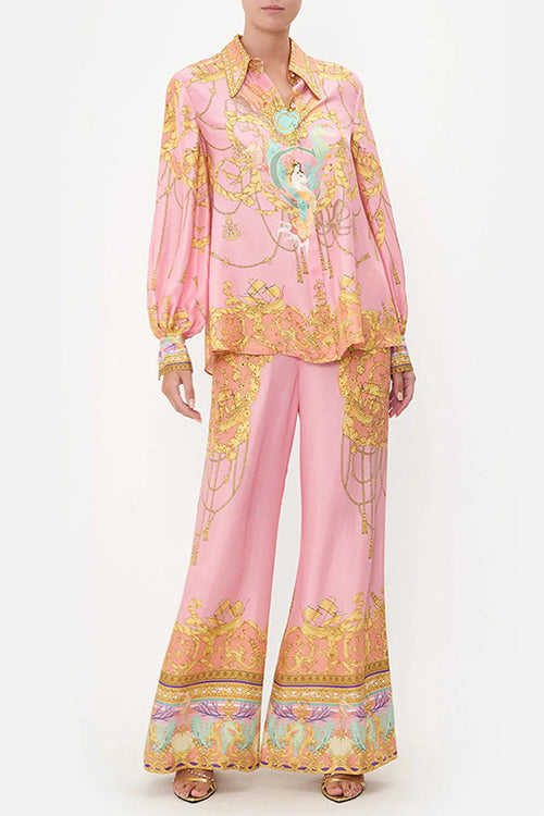 Valenzora | Rosiedress Unique Print Lantern Long Sleeve Blouse Shirt and Wide Leg Trousers Holiday Outfit Set