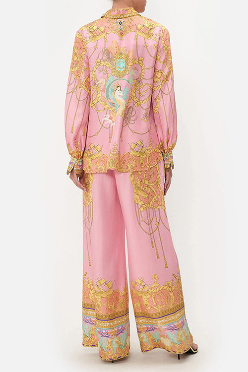 Valenzora | Rosiedress Unique Print Lantern Long Sleeve Blouse Shirt and Wide Leg Trousers Holiday Outfit Set