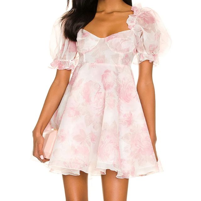 Valenzora | Organza dress with floral pattern, puff sleeves and sweetheart neckline