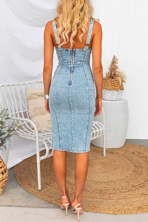 Valenzora | U-neck zip slit denim bodycon cami dress