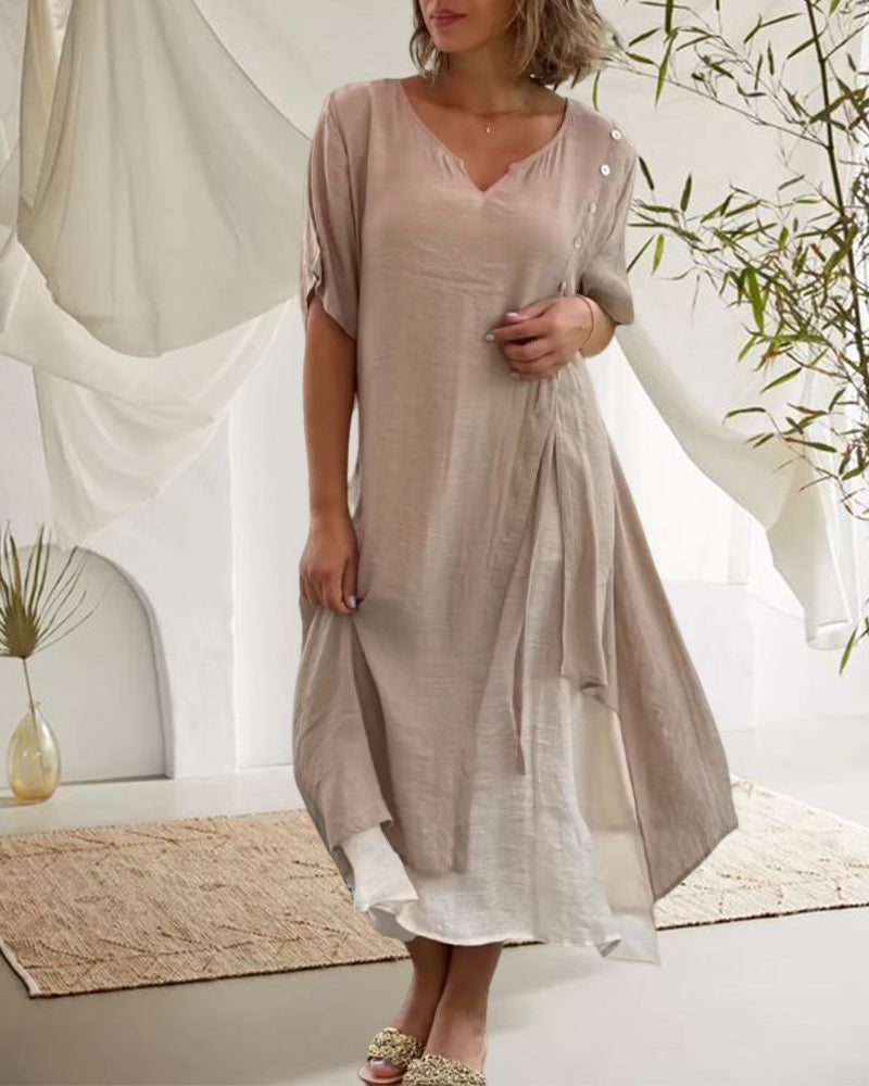 Valenzora | Asymmetrisches Kleid mit kurzen Ärmeln und V-Ausschnitt