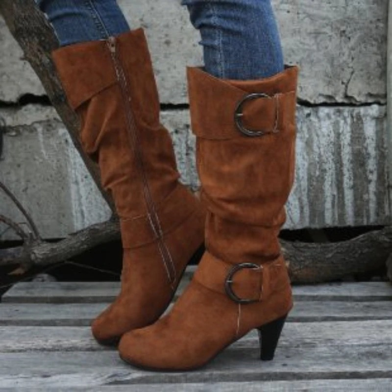 Valenzora | Damen kniehohe Stiefel mit Reißverschluss und Schnalle Stylische hohe Stiefel