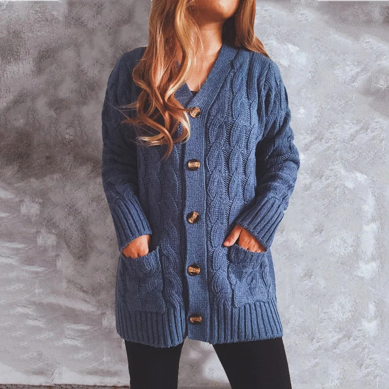 Valenzora | Damen-Wollstrickjacke mit Zopfmuster und Holzknöpfen, lockere Passform
