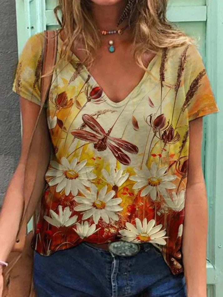 Valenzora | V-Ausschnitt-Shirt mit floraler Bemalung