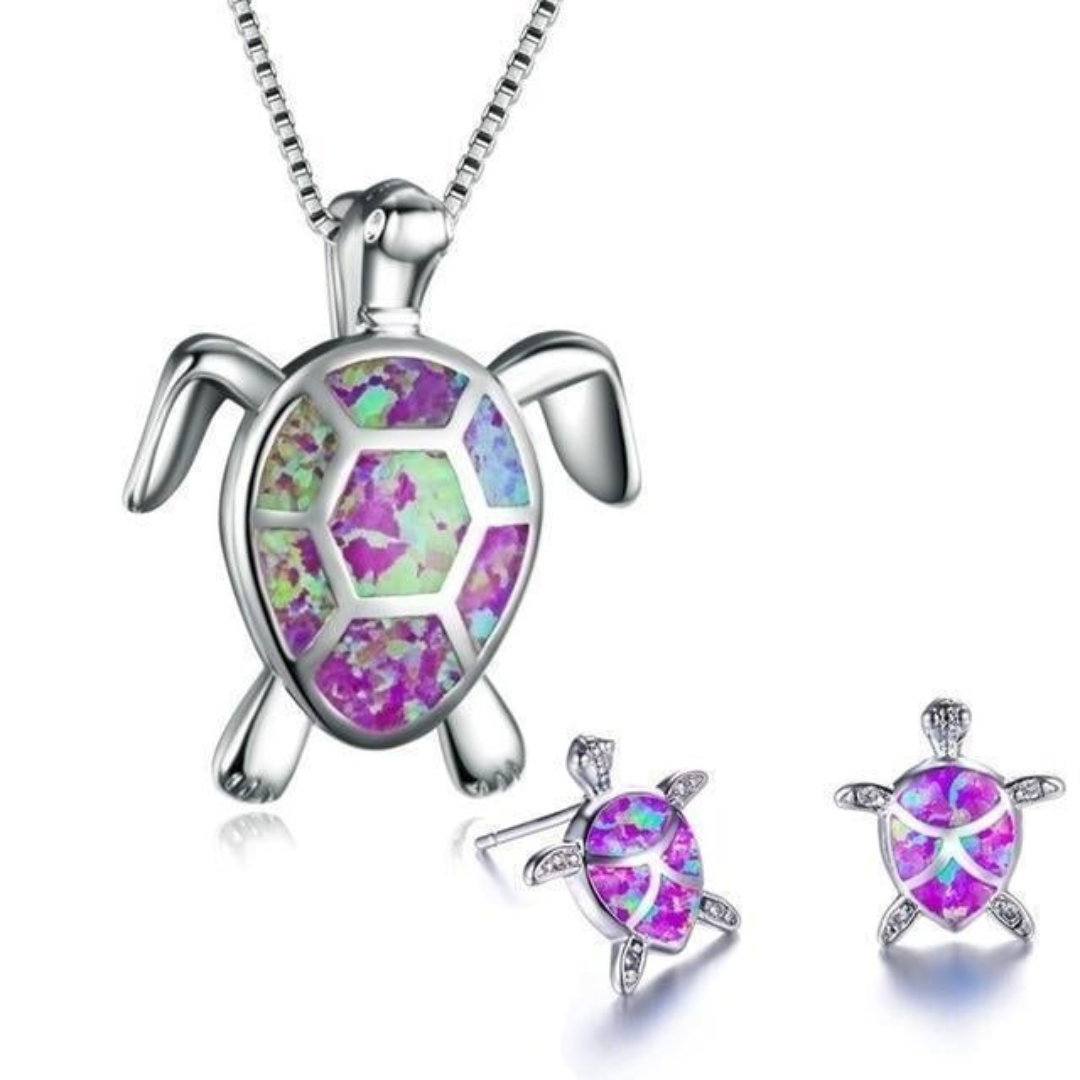 Valenzora | Turtle Necklace + Earrings in Opal and Silver