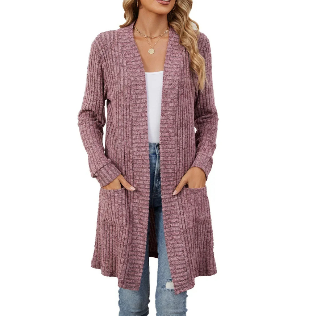 Valenzora | Long Women's Ribbed Open Front Cardigan with Pockets