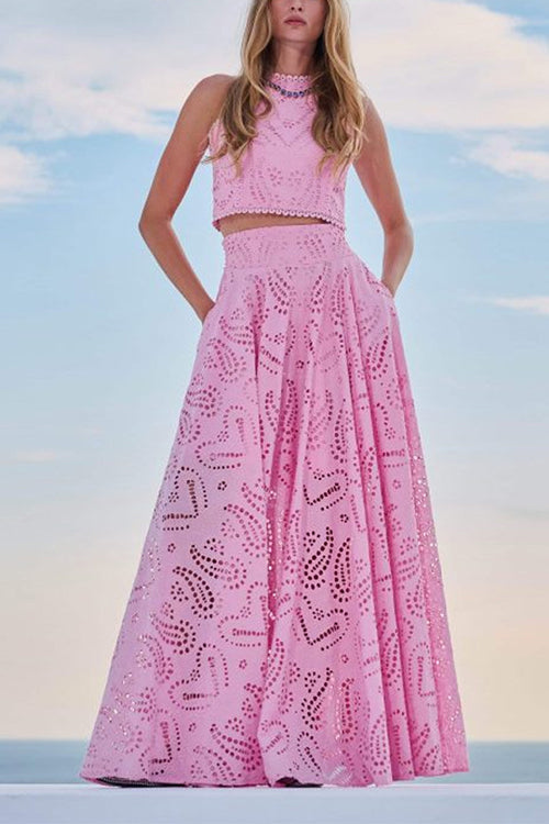 Valenzora | Rosiedress Lace Hollow Out Round Neck Crop Tank Top High Waist Maxi Swing Skirt Set