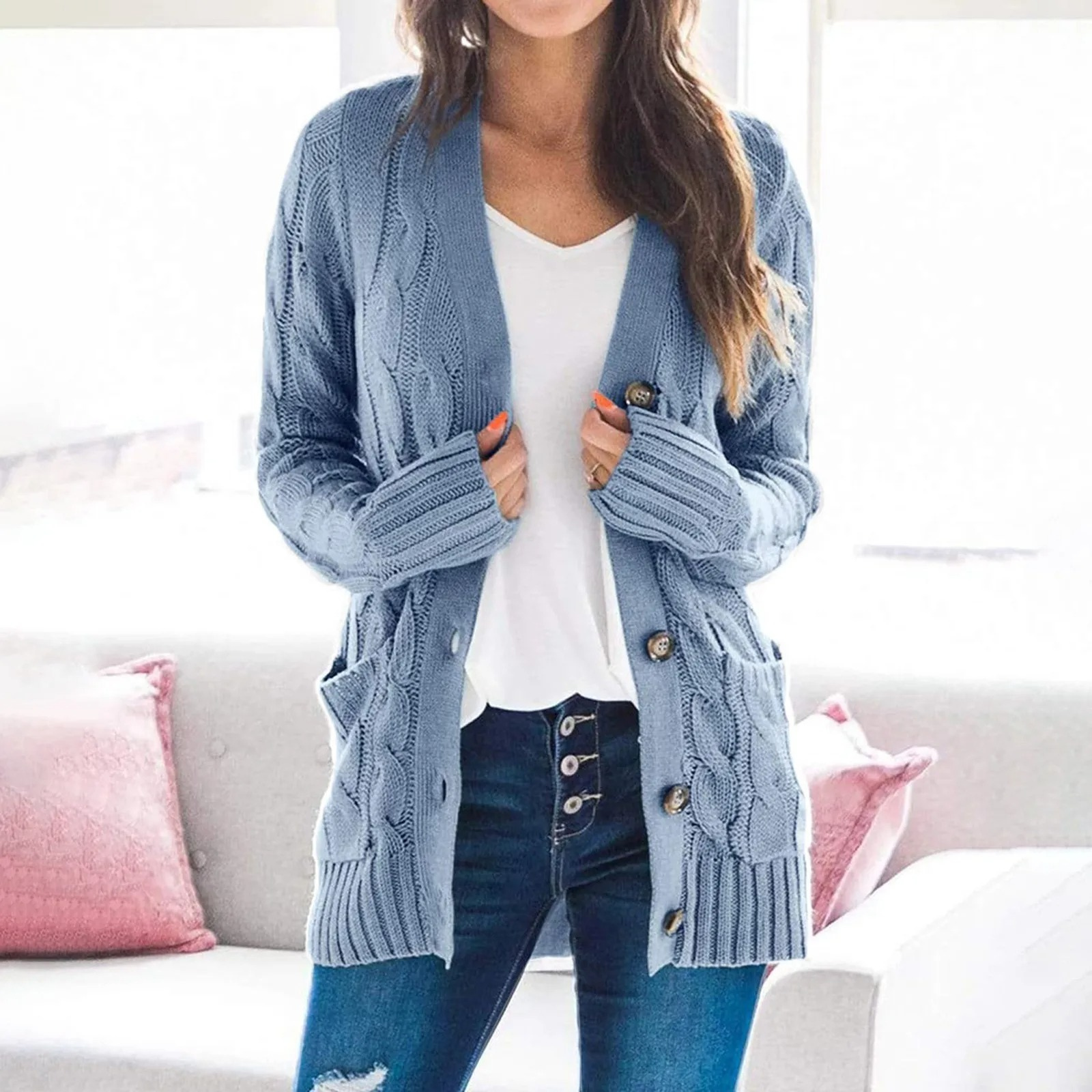 Valenzora | Stylischer langer Cardigan für Damen mit Knopfleiste