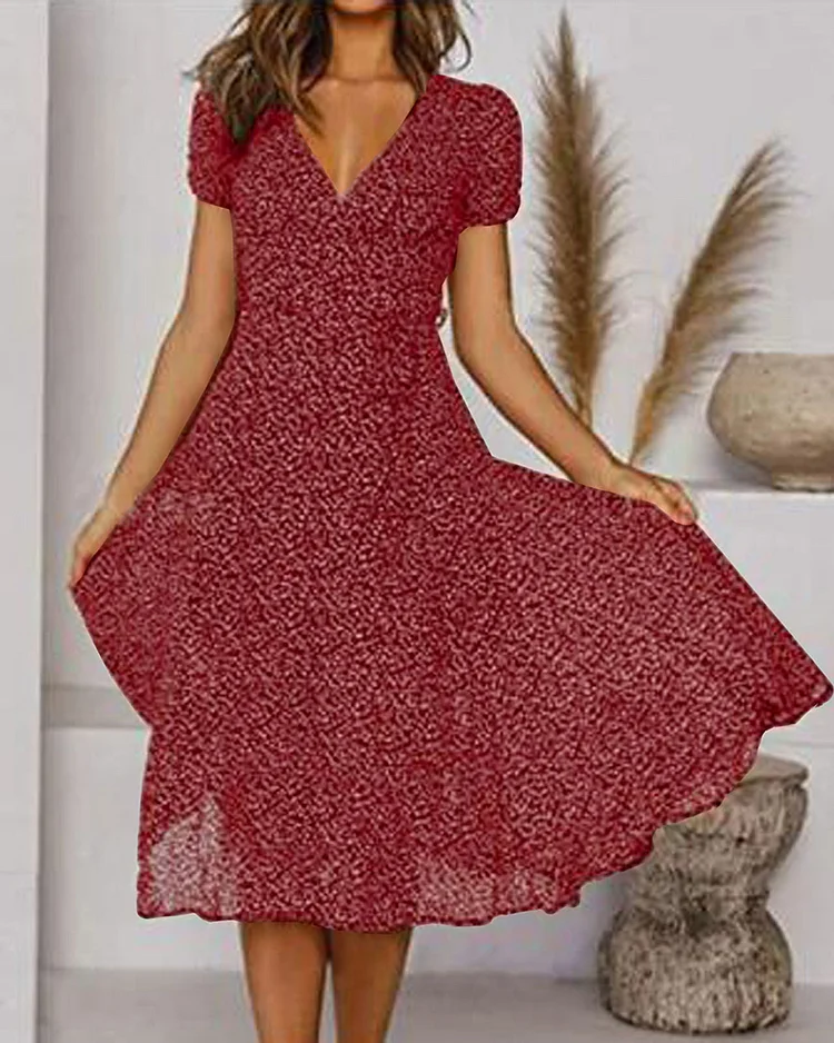 Valenzora | Printed silk chiffon dress with short sleeves and V-neck for women