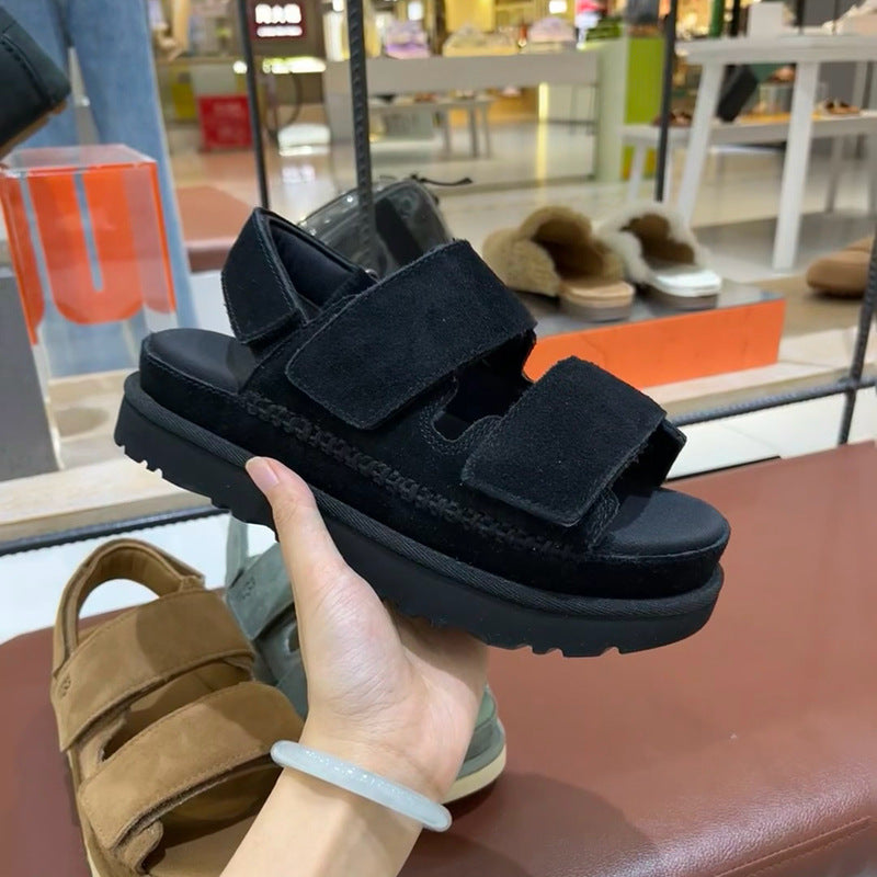 Valenzora | Frühling und Sommer Neue Sandalen aus echtem Leder mit dicker Sohle und Riemchen-Klettverschluss Damen Offene Zehen Höhenerhöhung