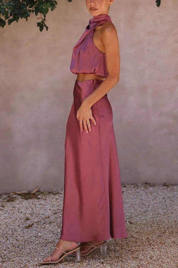 Valenzora | Such a mood High-necked satin draped maxi skirt set