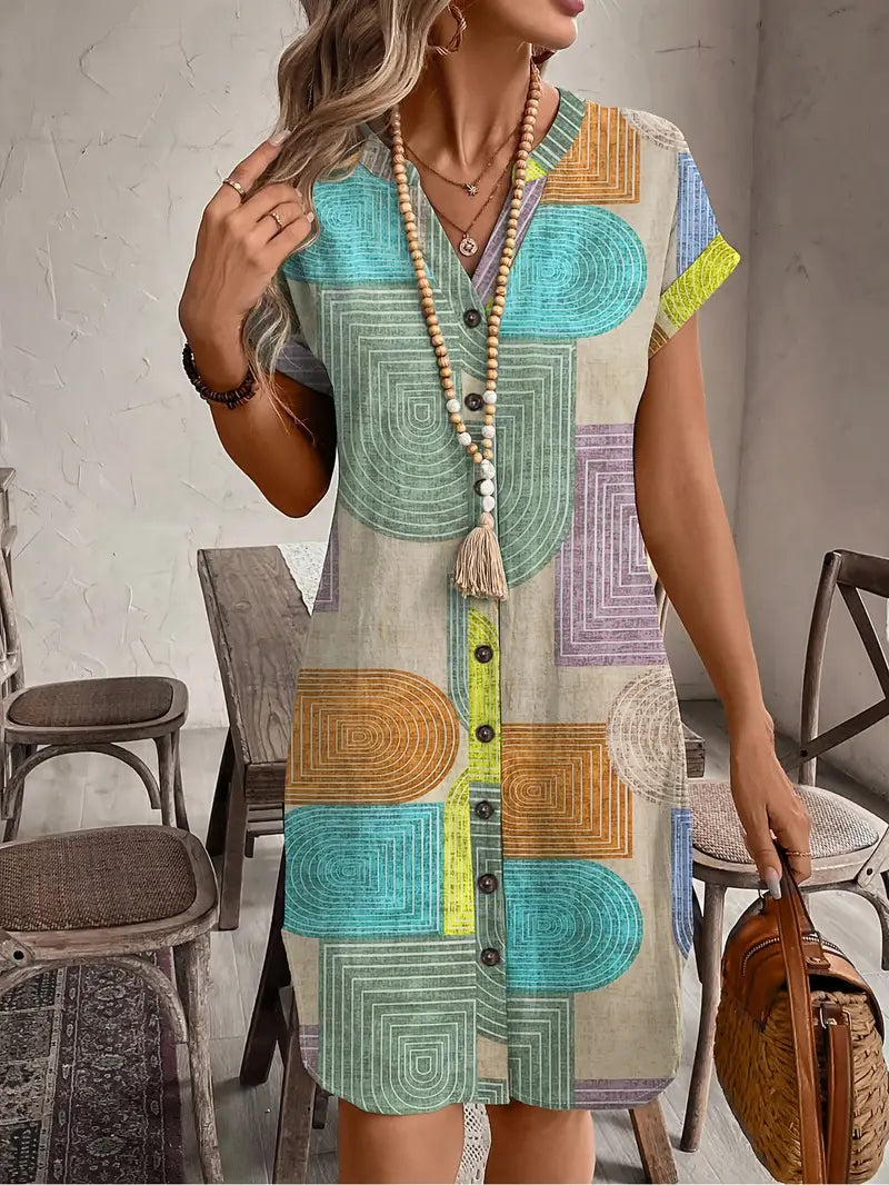 Valenzora | Summer shirt with geometric print, V-neck and button closure. Elegant midi dress.