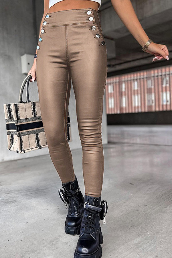 Valenzora | Jingle High Rise Button Faux Leather Leggings