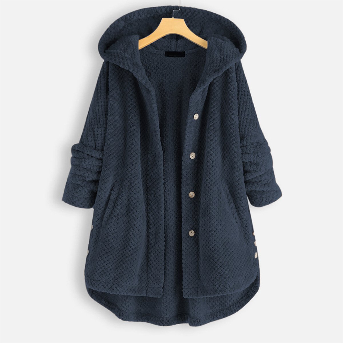 Mid-length, reversible fleece jacket with hood for winter