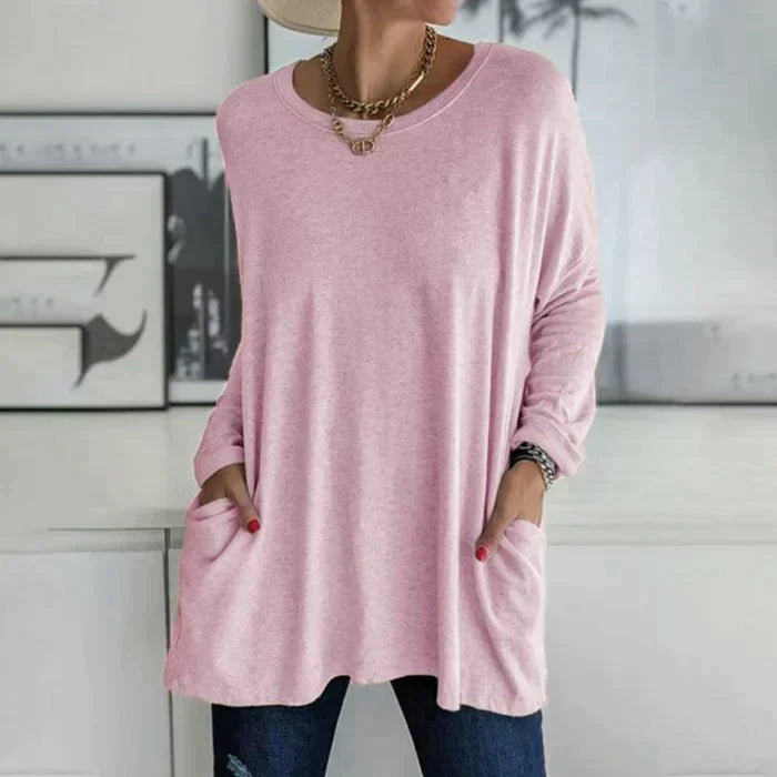 Valenzora | Fashionable tunic top with pockets - Relaxed fit, round neck, long sleeves