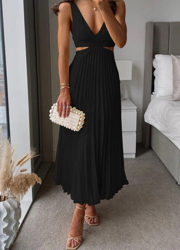 Valenzora | Sleeveless V-neck dress with pleats and open back