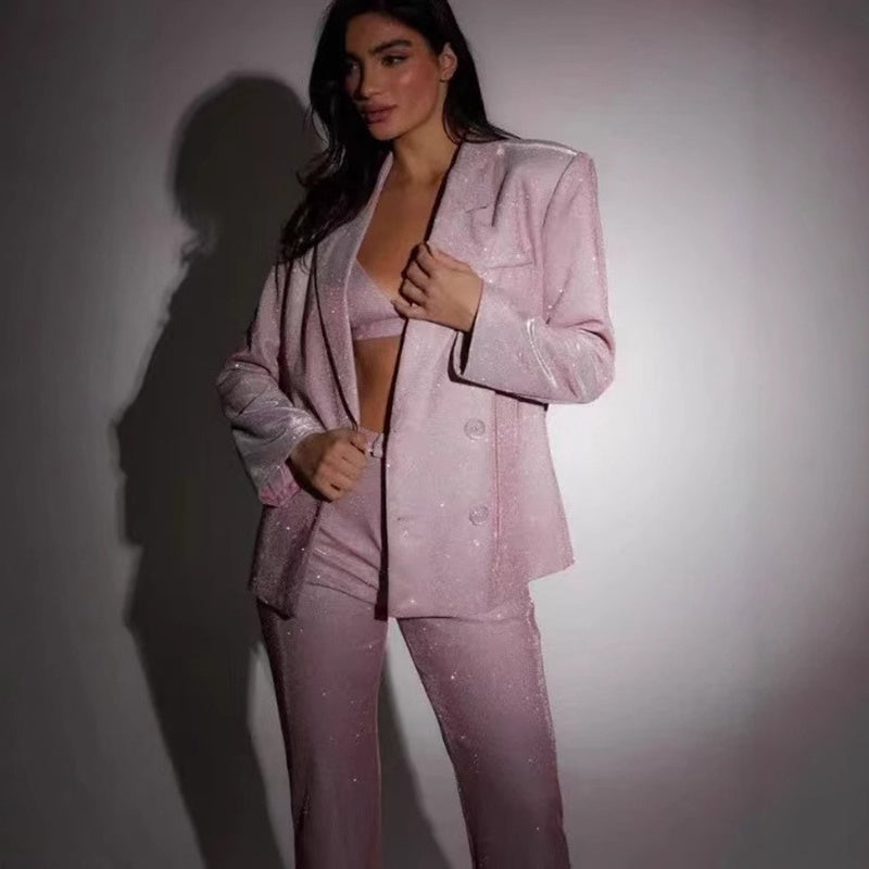 Valenzora | Glänzendes Damenanzugset mit Blazer und gerader Hose für Partys