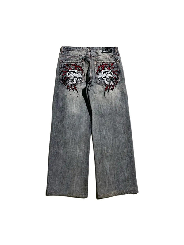 Valenzora | Boyfriend Baggy Jeans mit Totenkopf-Stickerei im 2000er-Stil