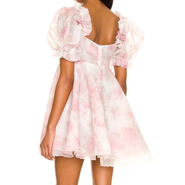Valenzora | Organza dress with floral pattern, puff sleeves and sweetheart neckline