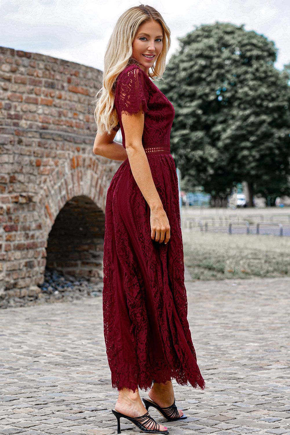 Valenzora | Lace Plunge Dress with Wavy Hem