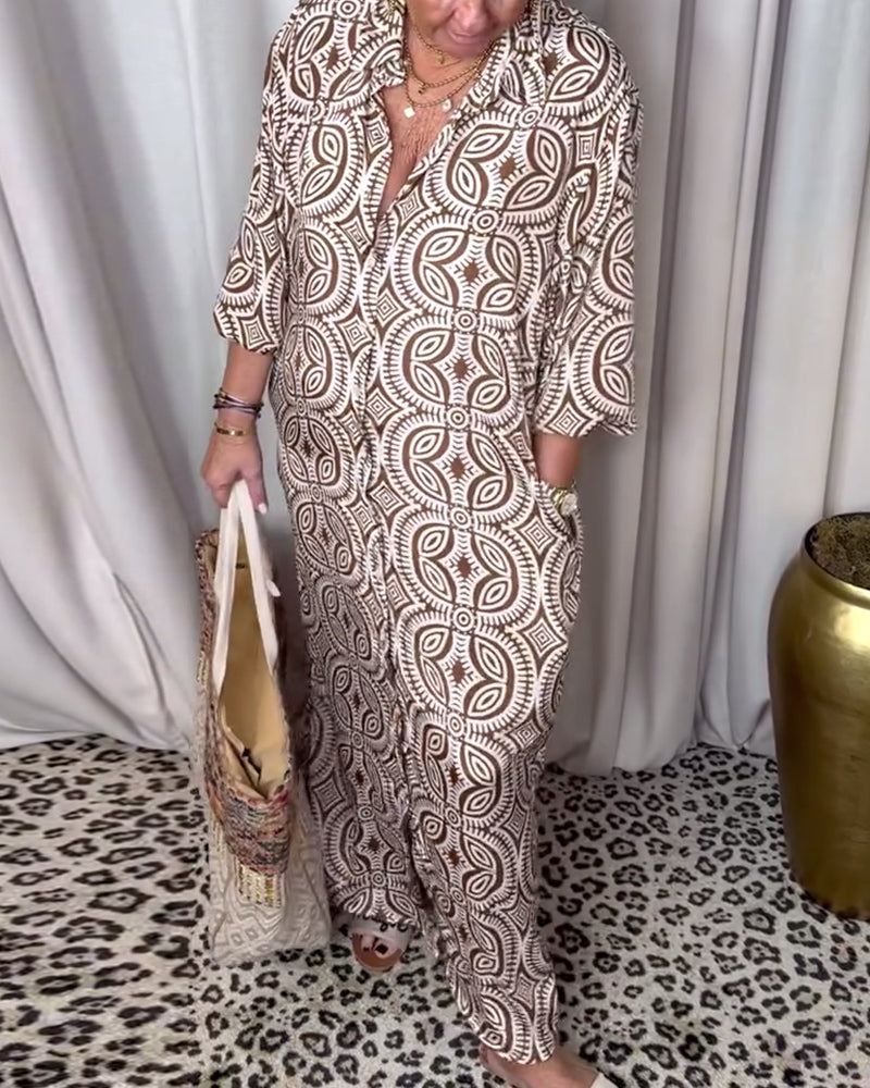 Valenzora | Vintage Printed Maxi Dress with Lapel Pockets