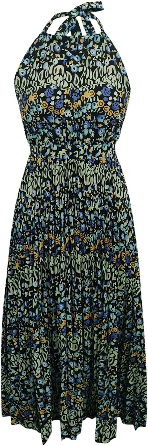 Valenzora | Boho Print Patchwork Halter Pleated Dresses