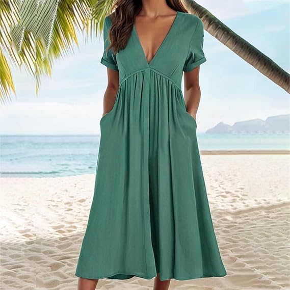 Valenzora | Casual Solid Color Pockets Pleated V-Neck A-Line Dresses