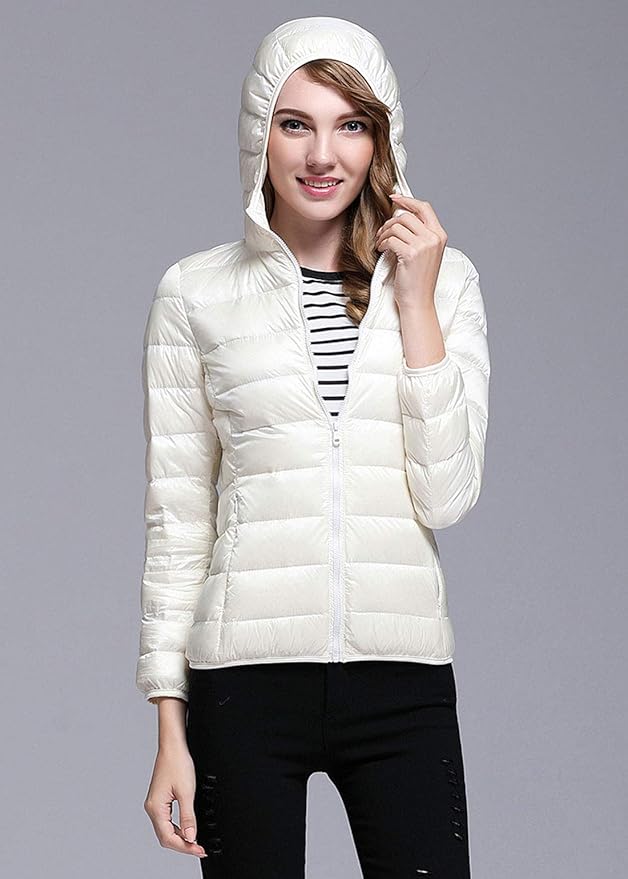 Valenzora | Women's Winter Down Jacket with Hood, White and Black - Foldable Down Jacket