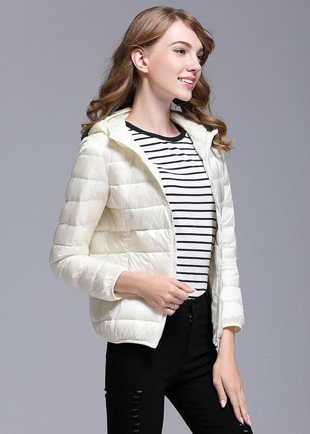 Valenzora | Women's Winter Down Jacket with Hood, White and Black - Foldable Down Jacket