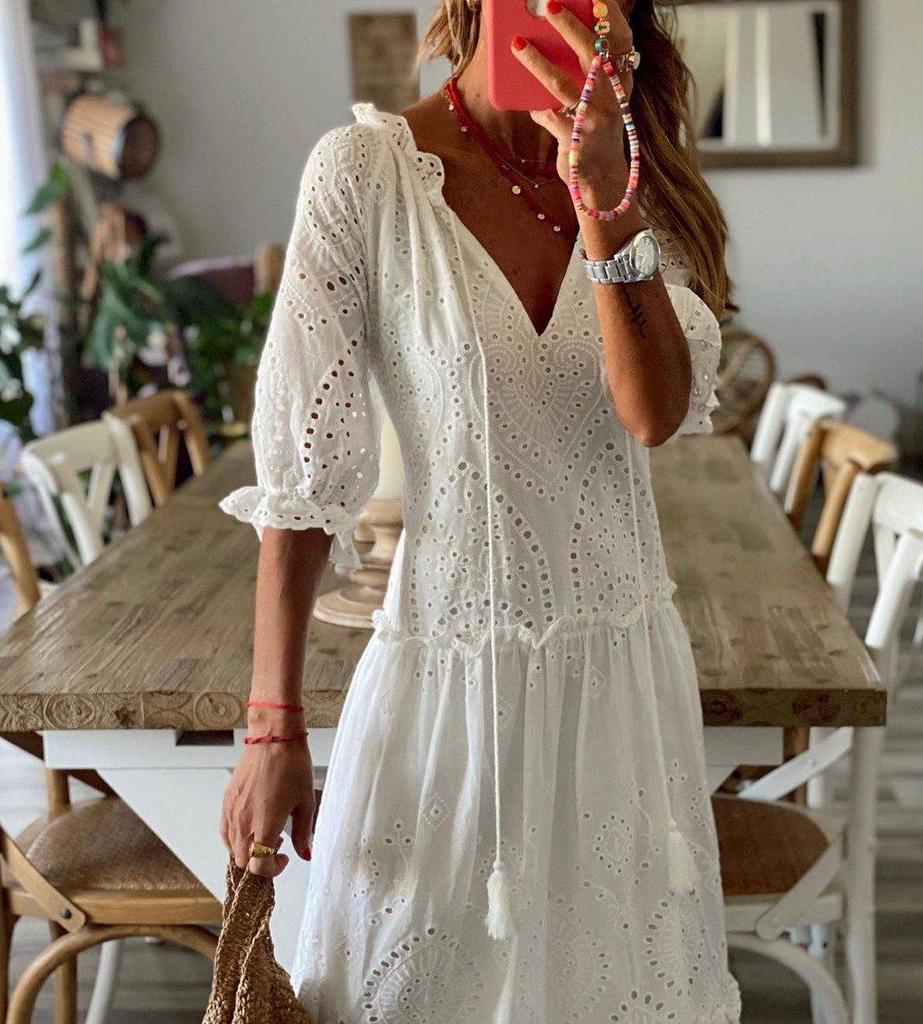 Valenzora | Romantic White Short-Sleeve Maxi Dress