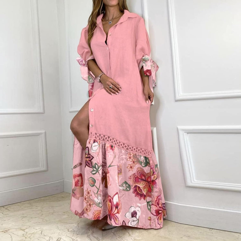 Valenzora | Maxi dress with button placket and floral pattern at the hem