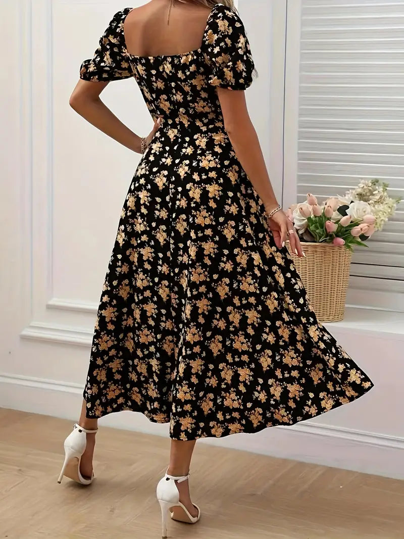 Valenzora | Chic dress with puff sleeves in an A-line style with floral print