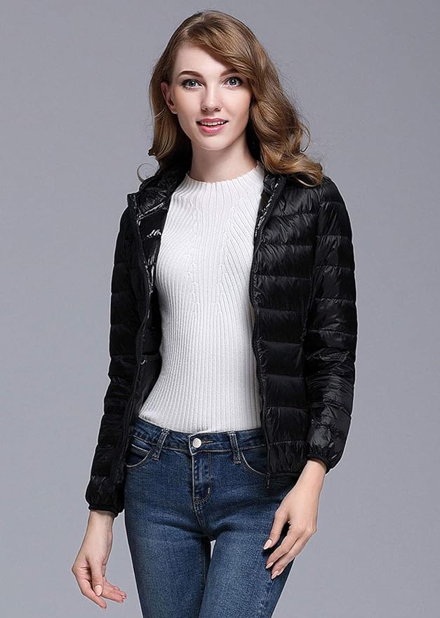Valenzora | Women's Winter Down Jacket with Hood, White and Black - Foldable Down Jacket
