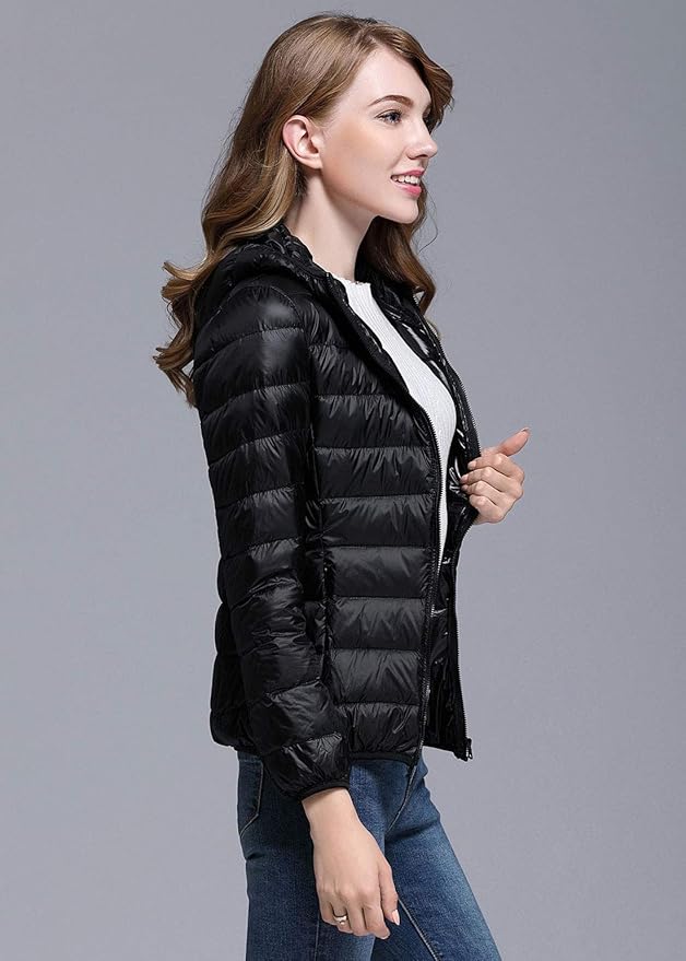 Valenzora | Women's Winter Down Jacket with Hood, White and Black - Foldable Down Jacket