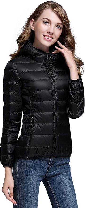 Valenzora | Women's Winter Down Jacket with Hood, White and Black - Foldable Down Jacket