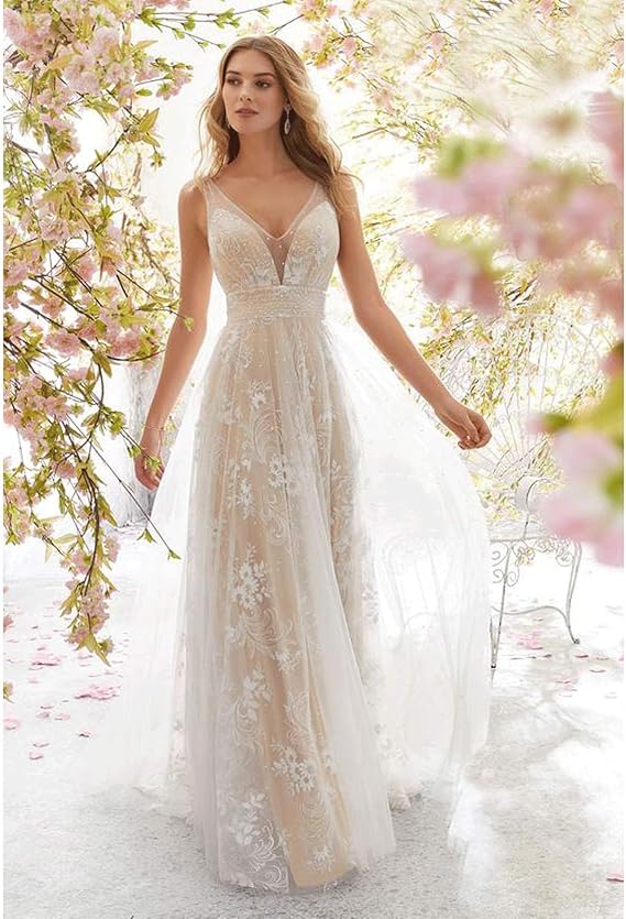 Valenzora | Ärmelloses Brautkleid aus Spitze mit V-Ausschnitt