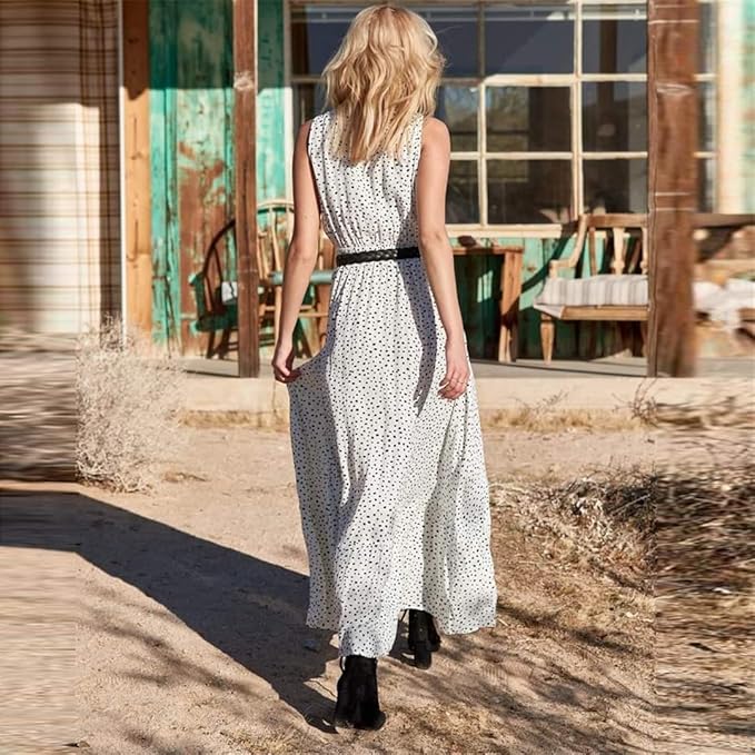 Valenzora | Bohemian patchwork dress with V-neck and A-line in polka dots