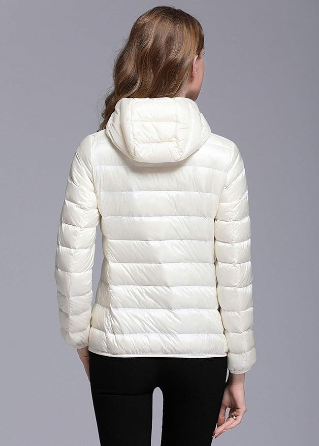 Valenzora | Women's Winter Down Jacket with Hood, White and Black - Foldable Down Jacket