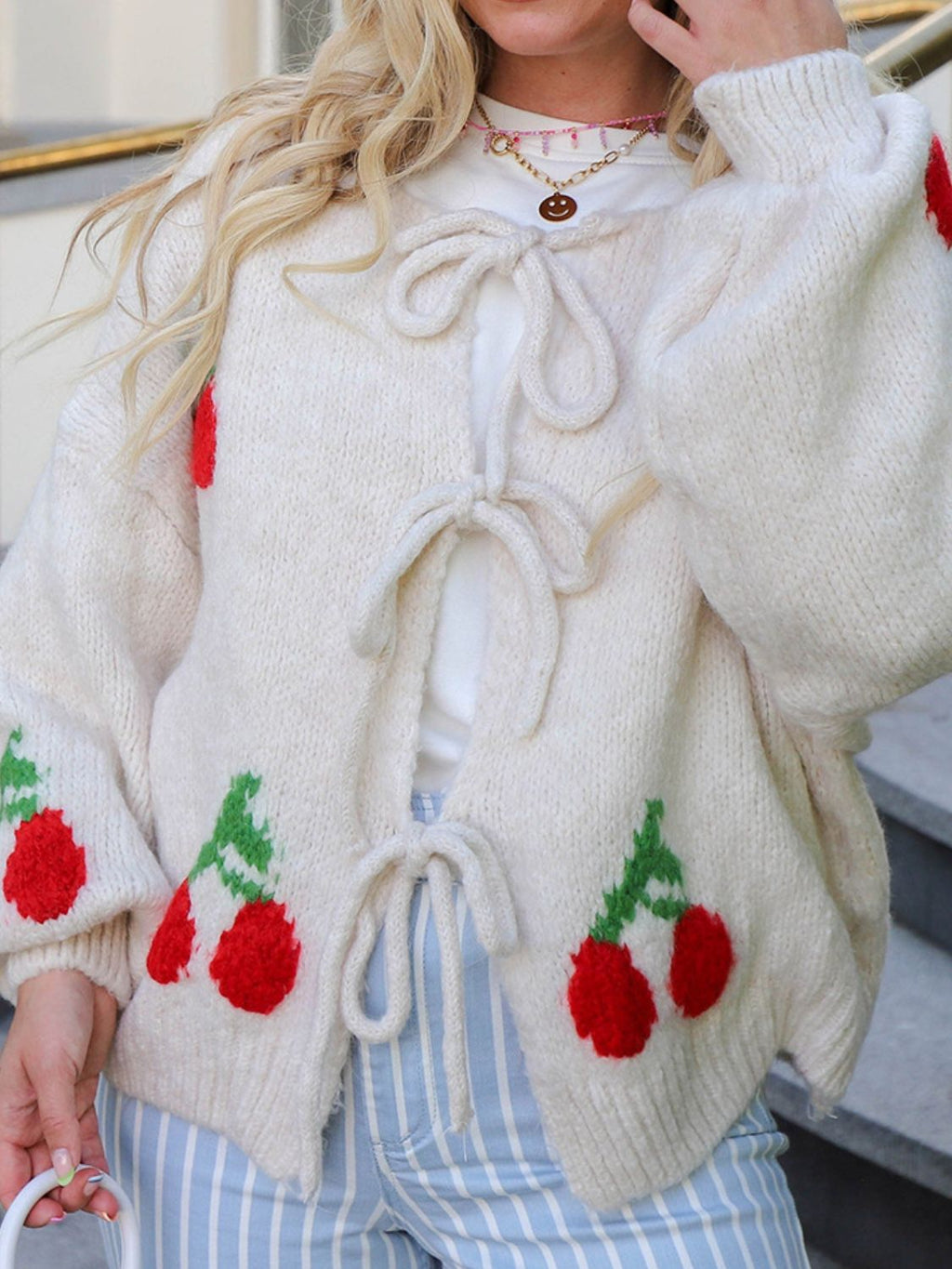 Valenzora | Bound Cherry Round Neck Long Sleeve Cardigan