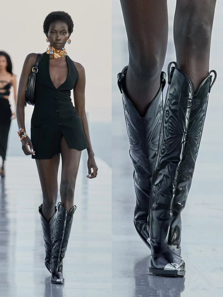Valenzora | Damen-Stiefel mit hohem Absatz, spitzer Metallkappe und Schleifenstickerei