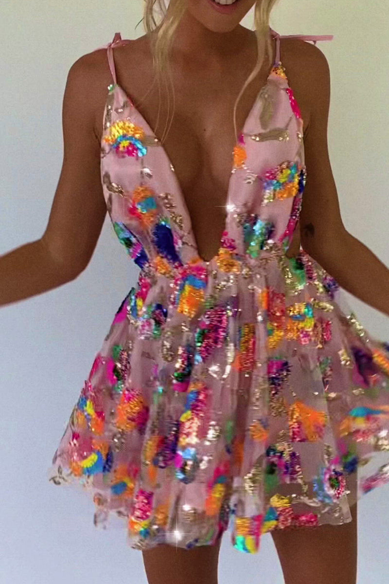 Valenzora | Rainbow Sequin Open Back Slip Mini Dress