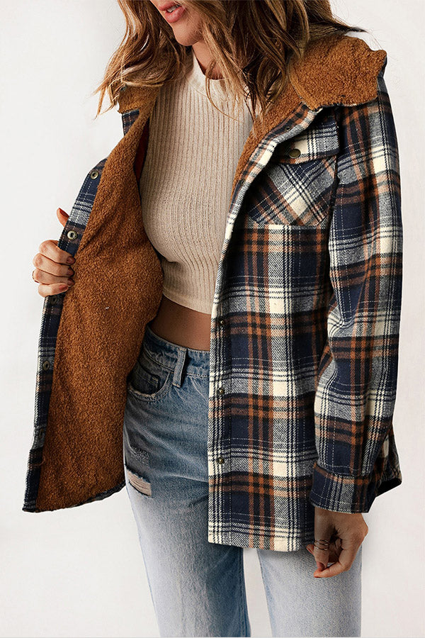 Valenzora | Snap Button Sherpa Fleece Lined Hooded Flannel Jacket